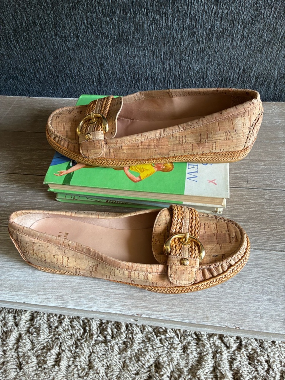 Stuart Weitzman Cork-Textured Tan Braided Loafers with Gold Buckle